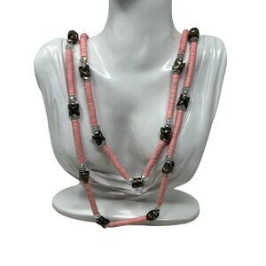 Double Strand Necklace Pink Flat Beads Crystal and Silver‎ Stations